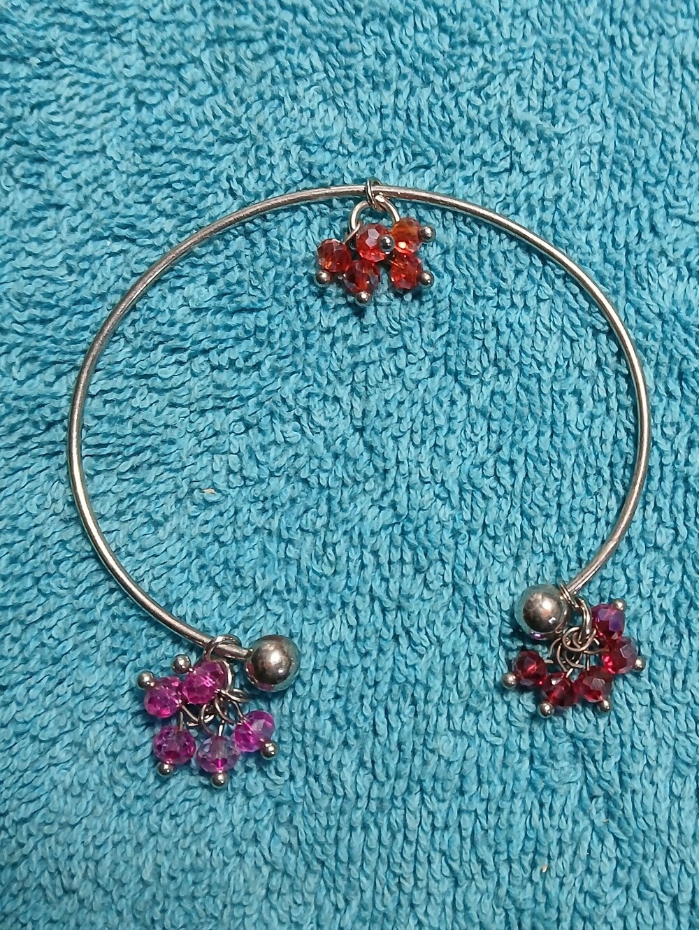 Silver Bangle Bracelet with Pink and Red Crystal Charms